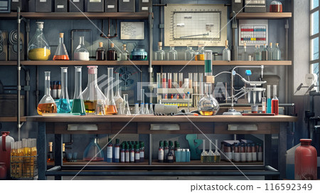 A chemistry lab table and shelves arranged with flasks, beakers, chemical bottles, and test tube racks. S A chemistry lab table and shelves arranged with flasks, beakers, chemical bottles, and test tube racks. S 116592349