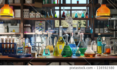 A chemistry lab table and shelves arranged with flasks, beakers, chemical bottles, and test tube racks. 116592380