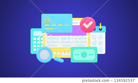 Successful online payment with schedule reminder on laptop with cash money dollar and credit card Successful online payment with schedule reminder on laptop with cash money dollar and credit card 116592537