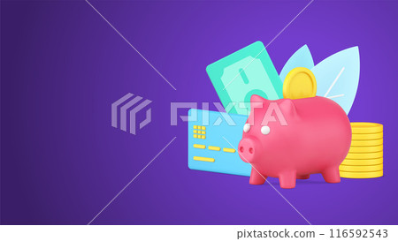 Money savings with golden coins in piggy bank and cash money dollar with credit card 3d icon Money savings with golden coins in piggy bank and cash money dollar with credit card 3d icon 116592543