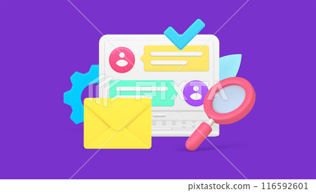 Online dialogue chatting searching with magnifying glass and done checkmark 3d icon isometric 116592601