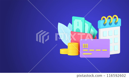 Day of payment with calendar and cash money debit card 3d icon isometric vector illustration 116592602