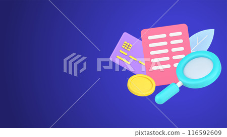 Searching information at document agreement of regular payment with magnifying glass 3d icon Searching information at document agreement of regular payment with magnifying glass 3d icon 116592609