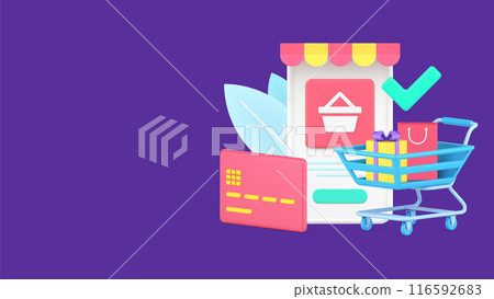 Shopping complete with trolley full of bag gift near credit card for contactless payment transaction Shopping complete with trolley full of bag gift near credit card for contactless payment transaction 116592683