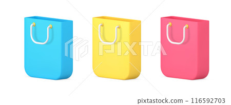 Collection bright glossy rectangle paper shopping bag with handles and curved edges 3d icon Collection bright glossy rectangle paper shopping bag with handles and curved edges 3d icon 116592703
