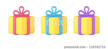 Set of holiday yellow wrapped gift box tied by bright glossy bow ribbon 3d template icon isometric 116592710