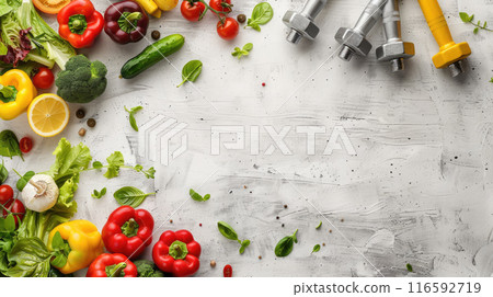 Healthy Food and fitness dumbbells on white wooden boards. Abstract healthy lifestyle background. 116592719
