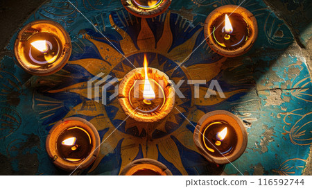 Traditional Diyas Lit on A Vibrant Sun Design Surface. Happy diwali celebration. Deepavali Hindu festival of lights. 116592744