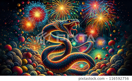 vibrant snake illuminated by bursts of colorful fireworks, slithers through festive night sky filled with glowing orbs and clouds. sense of celebration and excitement during the Chinese New Year. vibrant snake illuminated by bursts of colorful fireworks, slithers through festive night sky filled with glowing orbs and clouds. sense of celebration and excitement during the Chinese New Year. 116592756