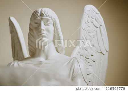 Medium closeup of gypsum sculpture of angel in catholic church interior Medium closeup of gypsum sculpture of angel in catholic church interior 116592776