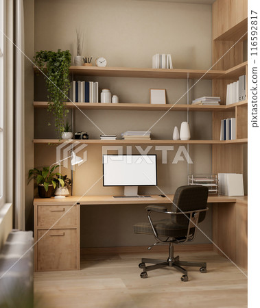 A cozy, contemporary home office or private workspace features a computer with a mockup screen. A cozy, contemporary home office or private workspace features a computer with a mockup screen. 116592817