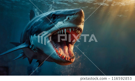 Great white shark with open mouth and huge teeth. Ai Generated Great white shark with open mouth and huge teeth. Ai Generated 116592853