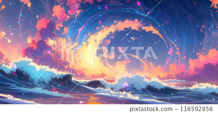 手绘卡通艺术感唯美的星空下的大海插画 手绘卡通艺术感唯美的星空下的大海插画 116592856