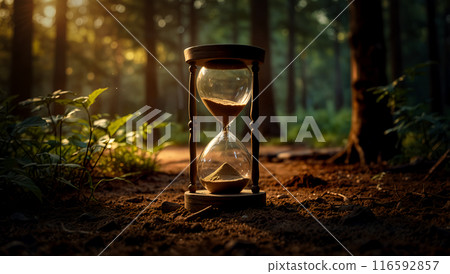 Hourglass in the forest in a sunny day.Time measuring concept.Ai Generated Hourglass in the forest in a sunny day.Time measuring concept.Ai Generated 116592857