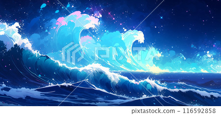 手绘卡通艺术感唯美的星空下的大海插画 手绘卡通艺术感唯美的星空下的大海插画 116592858