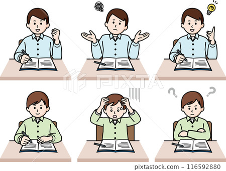 Set of 6 upper body poses: A man in casual clothes writing a note 116592880