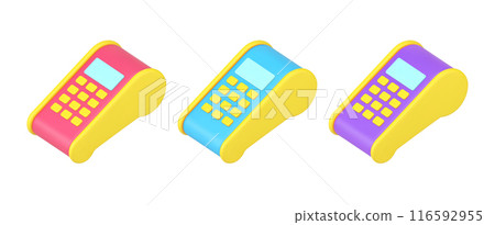Isometric collection multicolored POS terminal for e money purchase payment contactless 3d icon 116592955