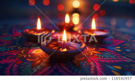Traditional Diyas Lit on A Vibrant Sun Design Surface. Happy diwali celebration. Deepavali Hindu festival of lights. Traditional Diyas Lit on A Vibrant Sun Design Surface. Happy diwali celebration. Deepavali Hindu festival of lights. 116592957