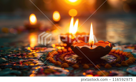 Traditional Diyas Lit on A Vibrant Sun Design Surface. Happy diwali celebration. Deepavali Hindu festival of lights. Traditional Diyas Lit on A Vibrant Sun Design Surface. Happy diwali celebration. Deepavali Hindu festival of lights. 116592975