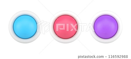 Set of multicolored circled buttons for user interface panel control power on and off switch 3d icon 116592988