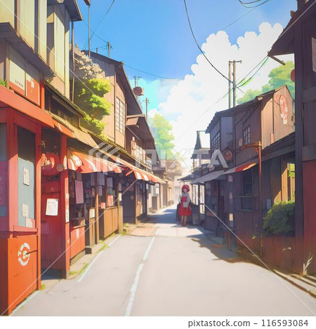 Showa-style streetscape, retro streetscape image, Japanese style, anime style, countryside, local area, shop, shopping street, AI generated 116593084