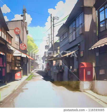 Showa-style streetscape, retro streetscape image, Japanese style, anime style, countryside, local area, shop, shopping street, AI generated 116593085