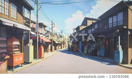 Showa-style streetscape, retro streetscape image, Japanese style, anime style, countryside, local area, shop, shopping street, AI generated Showa-style streetscape, retro streetscape image, Japanese style, anime style, countryside, local area, shop, shopping street, AI generated 116593086
