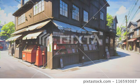 Showa-style streetscape, retro streetscape image, Japanese style, anime style, countryside, local area, shop, shopping street, AI generated 116593087