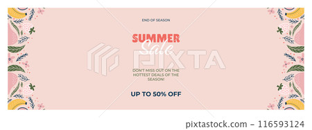 Soft pink banner End of Summer Sale with a limited-time offer and up to 50 off, decorated with cheerful illustrations of fruits, flowers, and leaves Soft pink banner End of Summer Sale with a limited-time offer and up to 50 off, decorated with cheerful illustrations of fruits, flowers, and leaves 116593124