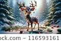 A cute animated deer wrapped in Christmas lights stands in a snowy forest, looking playful and bewildered. Holiday cheer meets winter wonderland in this whimsical scene. 116593161