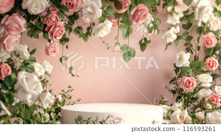 Empty podium with rose flowers 116593261