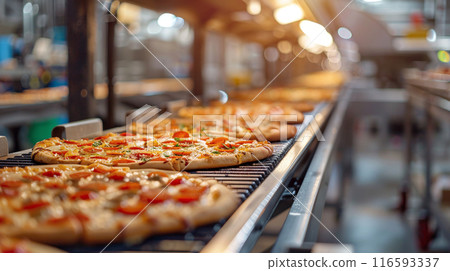 Pizza running on conveyor belt 116593337