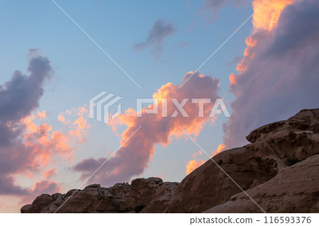 colorful sunset sky, rocks in Little Petra, Jordan 116593376