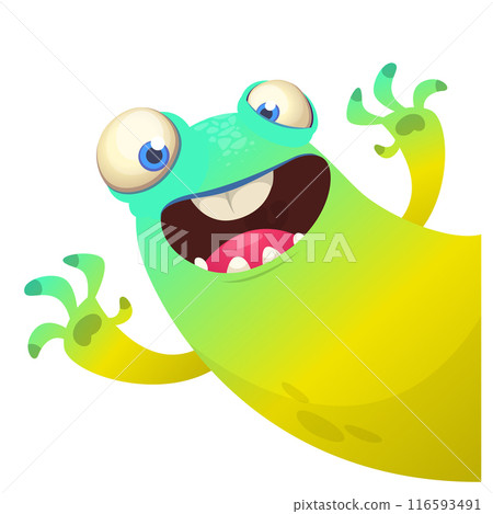 Cartoon scary monster with funny face expression waving hands . Vector illustration isolated on white. Halloween design Cartoon scary monster with funny face expression waving hands . Vector illustration isolated on white. Halloween design 116593491