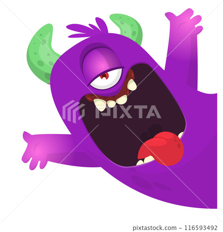 Cartoon happy monster one eye flying.  Vector illustration isolated on white. For Halloween party or package design 116593492