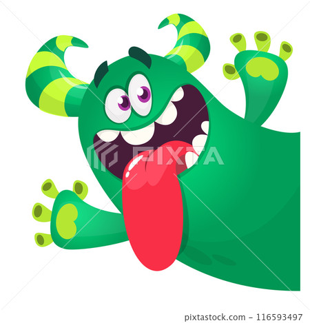 Cartoon happy monster with long tongue sticking out of the mouth.  Vector illustration isolated on white. For Halloween party or package design 116593497