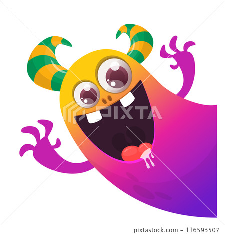 Cartoon scary monster with funny face expression waving hands . Vector illustration isolated on white. Halloween design Cartoon scary monster with funny face expression waving hands . Vector illustration isolated on white. Halloween design 116593507