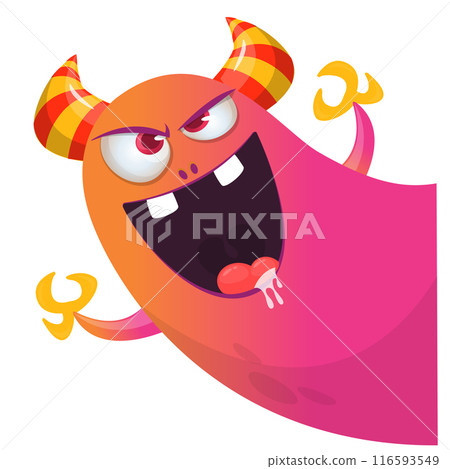 Cartoon scary monster with funny face expression waving hands . Vector illustration isolated on white. Halloween design 116593549