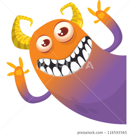 Cartoon scary monster with funny face expression waving hands . Vector illustration isolated on white. Halloween design Cartoon scary monster with funny face expression waving hands . Vector illustration isolated on white. Halloween design 116593565