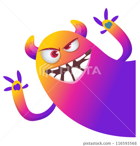 Cartoon cute monster with funny excited face expression waving hands . Vector illustration isolated on white. Halloween design Cartoon cute monster with funny excited face expression waving hands . Vector illustration isolated on white. Halloween design 116593568