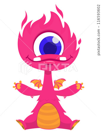 Cartoon happy monster with one eye sitting and waving hands.  Vector illustration isolated on white 116593602