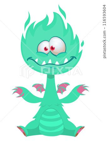 Cartoon happy adorable monster sitting and waving hands.  Vector illustration isolated on white. Great for Halloween party or package design 116593604
