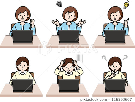 Set of 6 upper body poses: PC and woman in casual clothes Set of 6 upper body poses: PC and woman in casual clothes 116593607