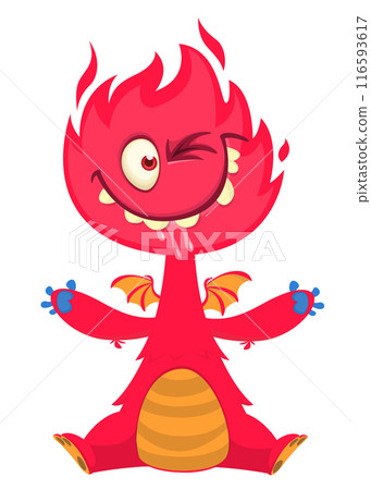 Cartoon happy monster with funny face expression sitting.  Vector illustration isolated on white. Great for Halloween party or package design 116593617