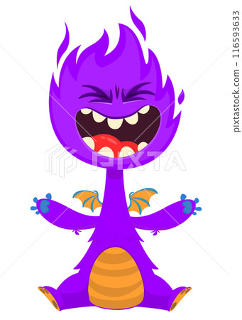 Cartoon angry monster with scary face expression screaming.  Vector illustration isolated on white. Great for Halloween party or package design 116593633