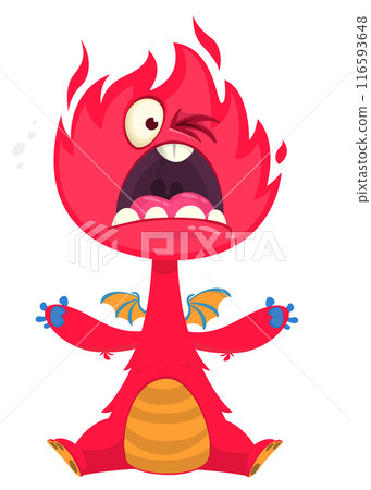Cartoon angry monster with scary face expression screaming. Vector illustration isolated on white. Great for Halloween party or package design Cartoon angry monster with scary face expression screaming. Vector illustration isolated on white. Great for Halloween party or package design 116593648