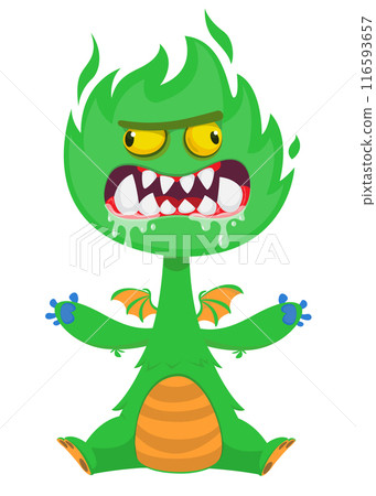 Cartoon angry monster with scary face expression screaming. Vector illustration isolated on white. Great for Halloween party or package design Cartoon angry monster with scary face expression screaming. Vector illustration isolated on white. Great for Halloween party or package design 116593657