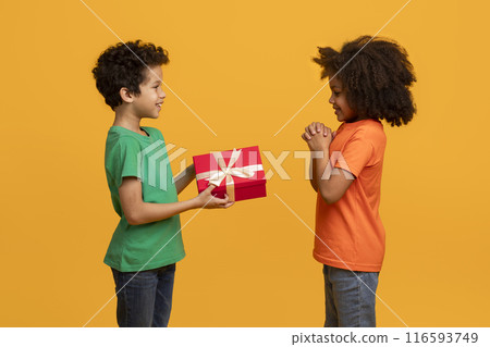 Two young African American children, a boy and a girl, are happily giving each other presents on a bright yellow background. The boy is holding out a small wrapped gift to the girl Two young African American children, a boy and a girl, are happily giving each other presents on a bright yellow background. The boy is holding out a small wrapped gift to the girl 116593749