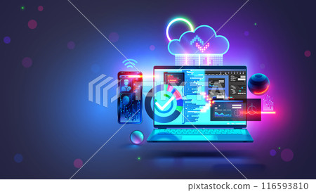 Laptop and phone hanging over desk. Software development concept. Phone app interface, web design. Computer technology, Web design concept. Website design, development. Programming on screen laptop. 116593810