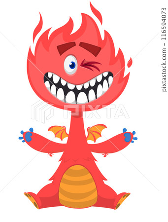 Cartoon happy monster with funny face expression sitting. Vector illustration isolated on white. Great for Halloween party or package design Cartoon happy monster with funny face expression sitting. Vector illustration isolated on white. Great for Halloween party or package design 116594073